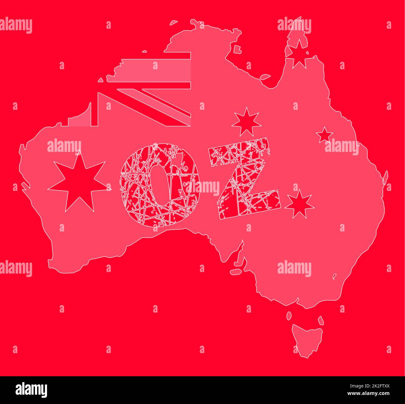 Outline map of Australia over a red background with flag inset and OZ