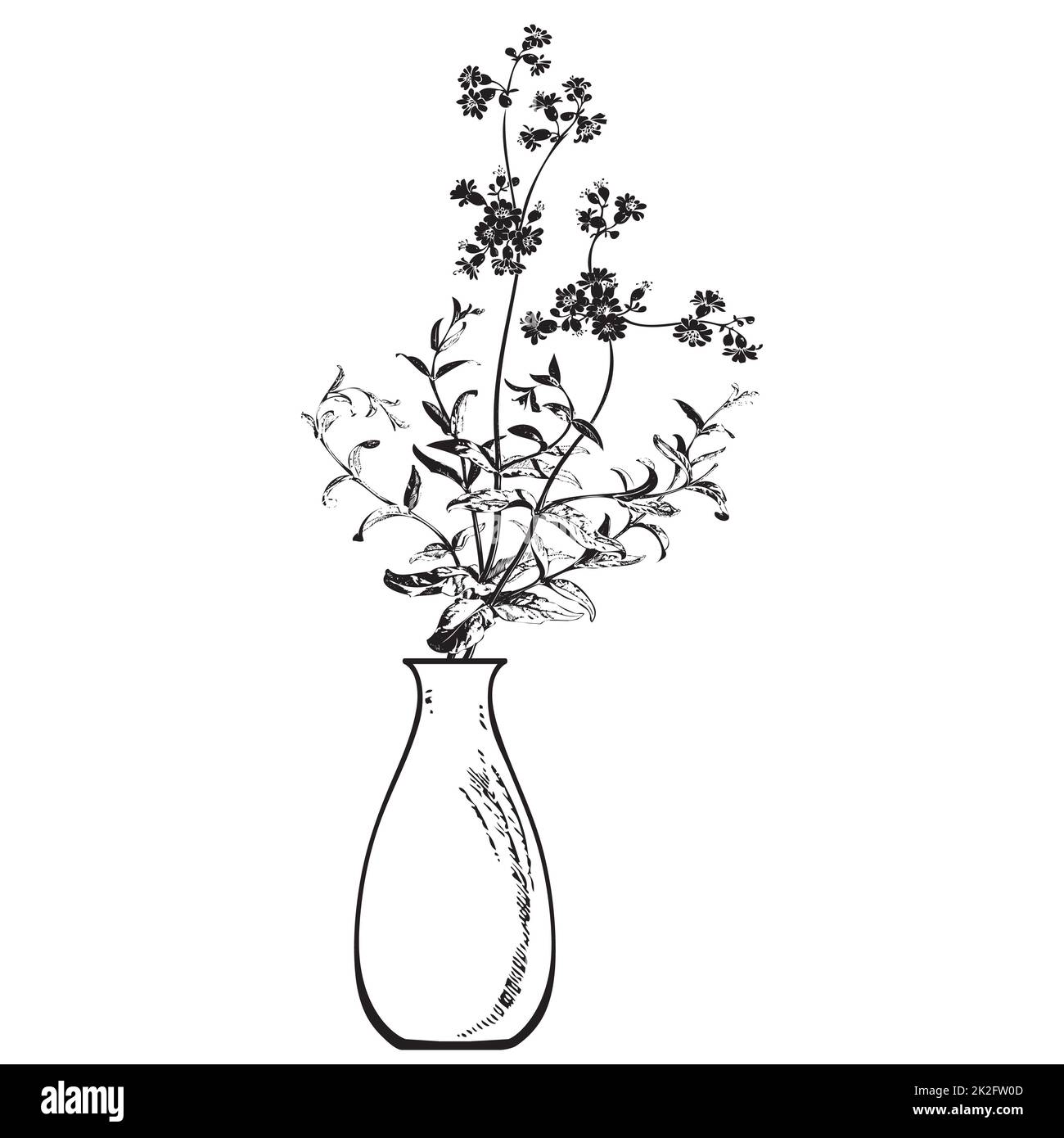 Linear bouquet wildflowers in vase, engraving sketch isolated on white