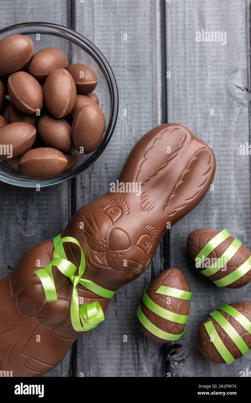 Delicious Easter chocolate bunny, eggs and sweets Stock Photo