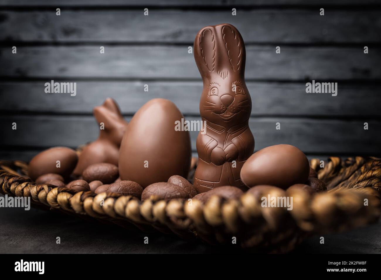Delicious Easter chocolate bunny, eggs and sweets Stock Photo