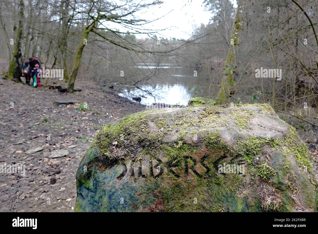 Grosser Stein mit der Inschrift Silbersee im Naturpark Kottenforst-Ville Stock Photo