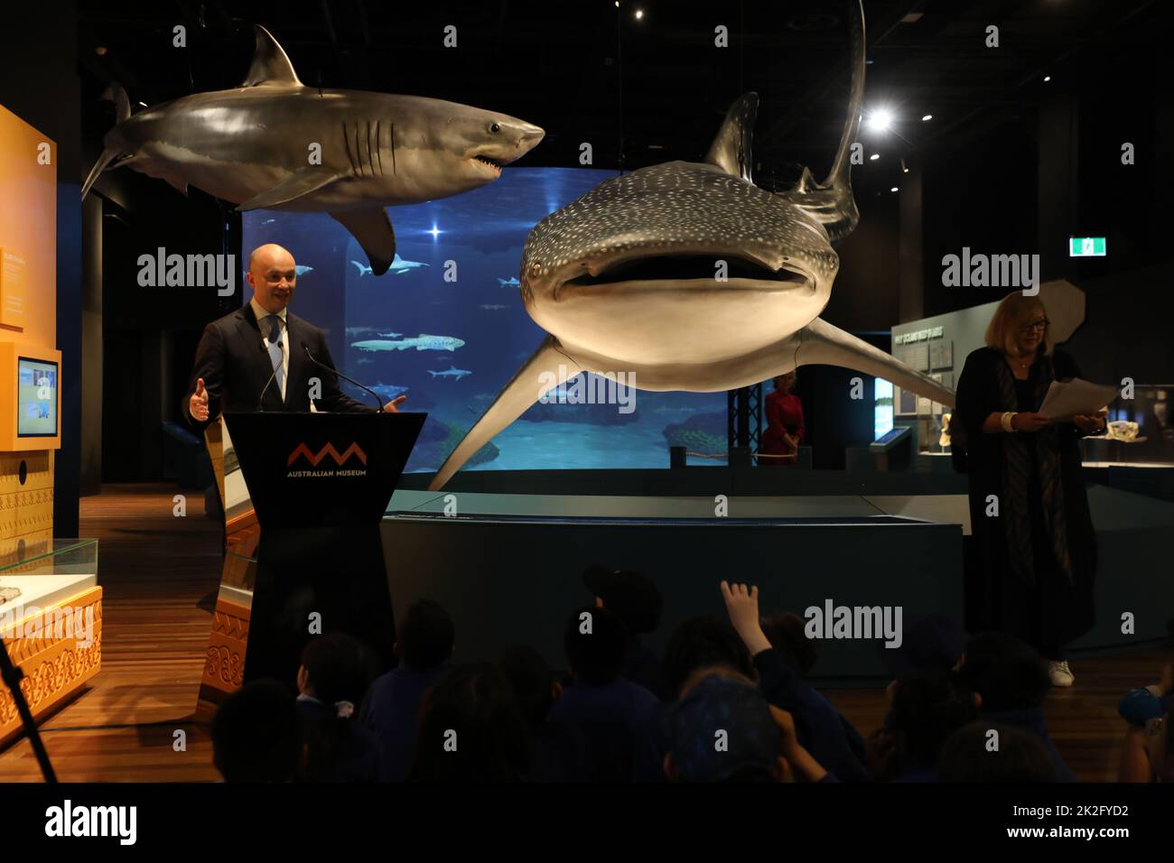Sydney, Australia. 23rd September 2022. Sharks, a new blockbuster exhibition opening on 24 September 2022, is set to take centre stage at the Australian Museum (AM) this summer. Highlighting the very latest science and with deep cultural overlays, Sharks invites visitors to explore the diversity of these ancient fish. Pictured: NSW Treasurer, the Hon. Matt Kean MP and Director and CEO, Australian Museum, Kim McKay AO. Credit: Richard Milnes/Alamy Live News Stock Photo
