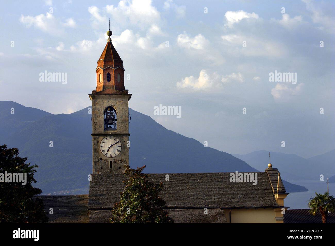 Bell Tower, Church of  Ronco sopra Ascona and lake Maggiore,  Ticino, Switzerland Stock Photo