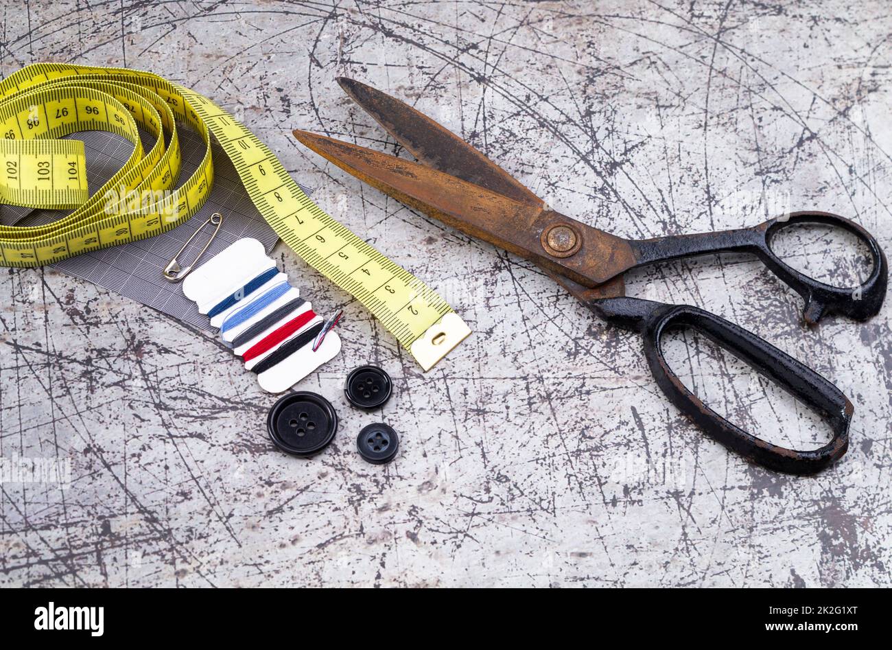 Old scissors with sewing tools Stock Photo Alamy
