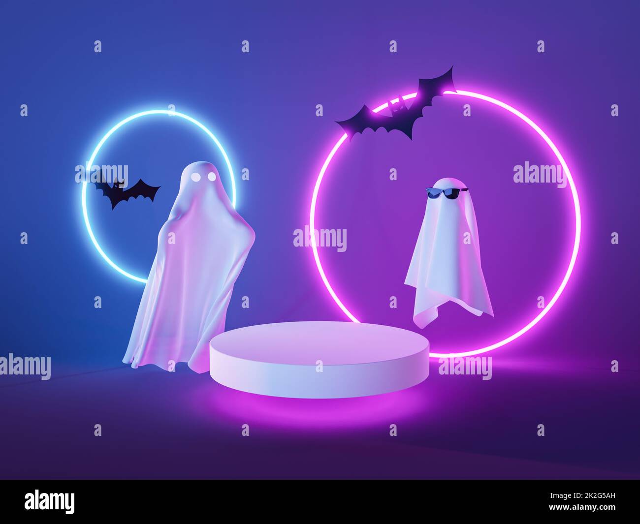 3D rendering of spooky white ghosts with black bats flying near illuminated neon ring lamps and stand against purple background Stock Photo