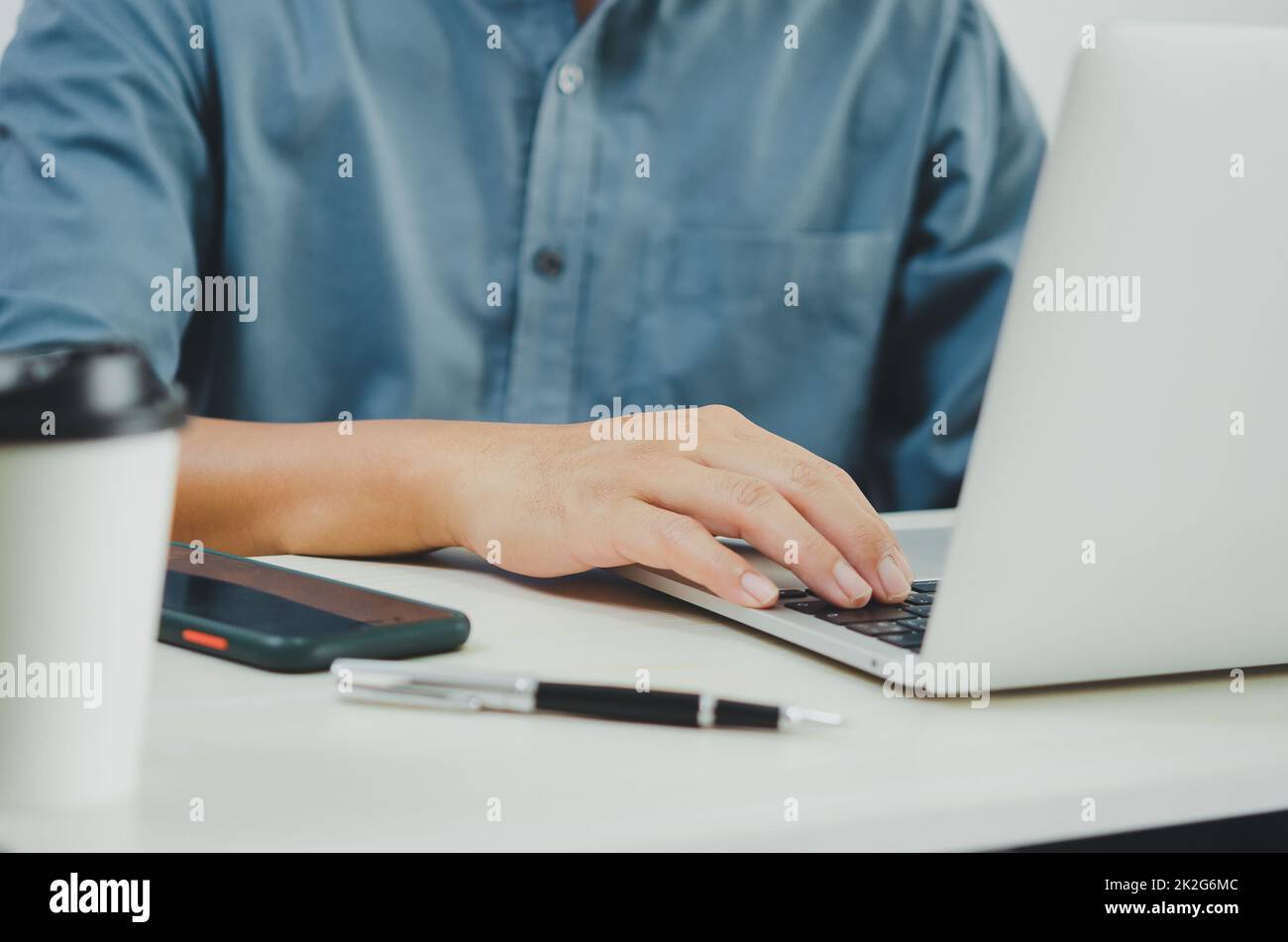 Business man using laptop computer at home. Stock Photo