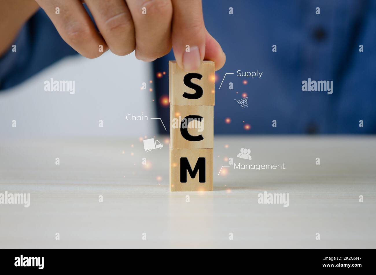 Hand put wooden cubes SCM Supply Chain Management .Business marketing Concept Stock Photo