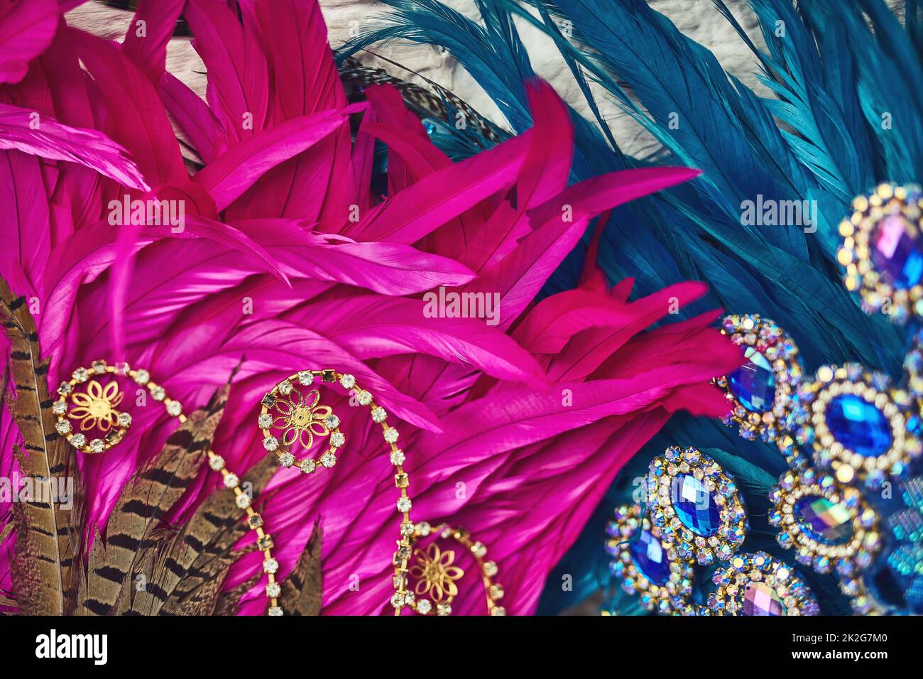 The beauty of extravagance. Still life shot of costume headwear for samba dancers. Stock Photo