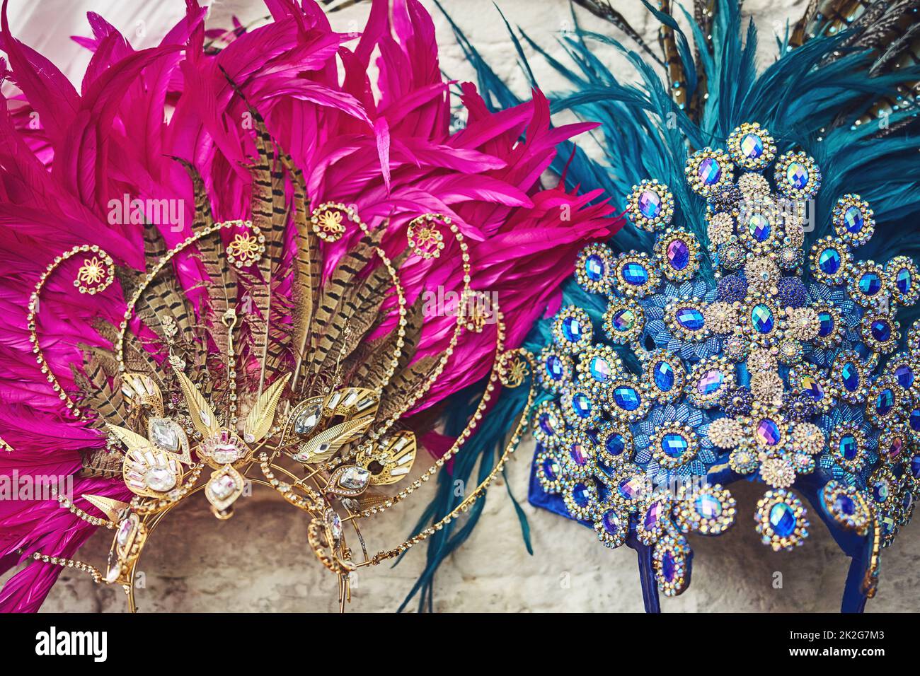 Ready for the show. Still life shot of costume headwear for samba dancers. Stock Photo