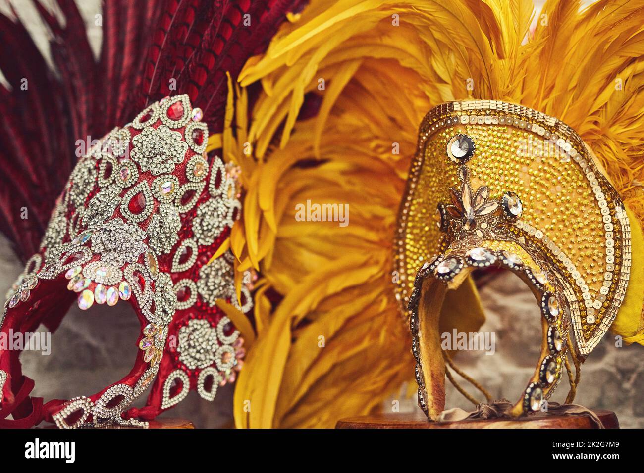 Time for some glitz and glam. Still life shot of costume headwear for samba dancers. Stock Photo