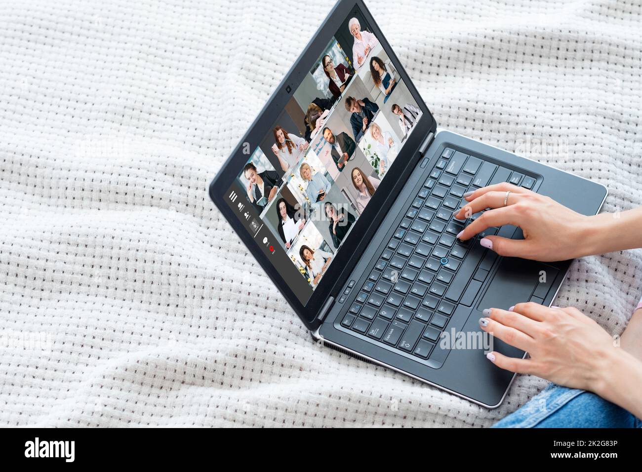 Home video conference. Online job. Wfh distance meeting. Female freelancer hands using laptop working with business team on screen in digital office w Stock Photo