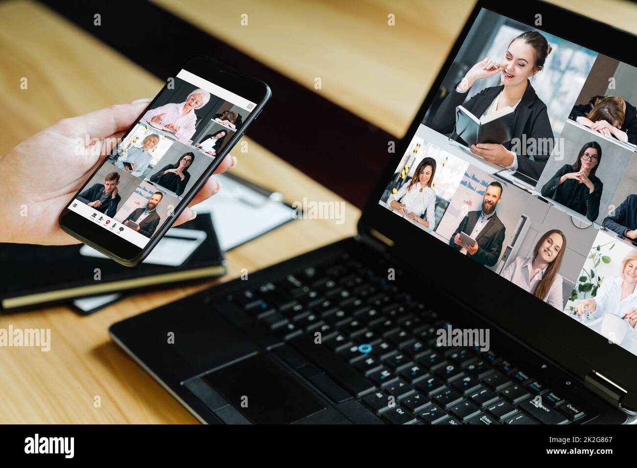 Business video conference. Professional telework. Communication technology. Woman cooperating online with colleagues in virtual office on laptop smart Stock Photo