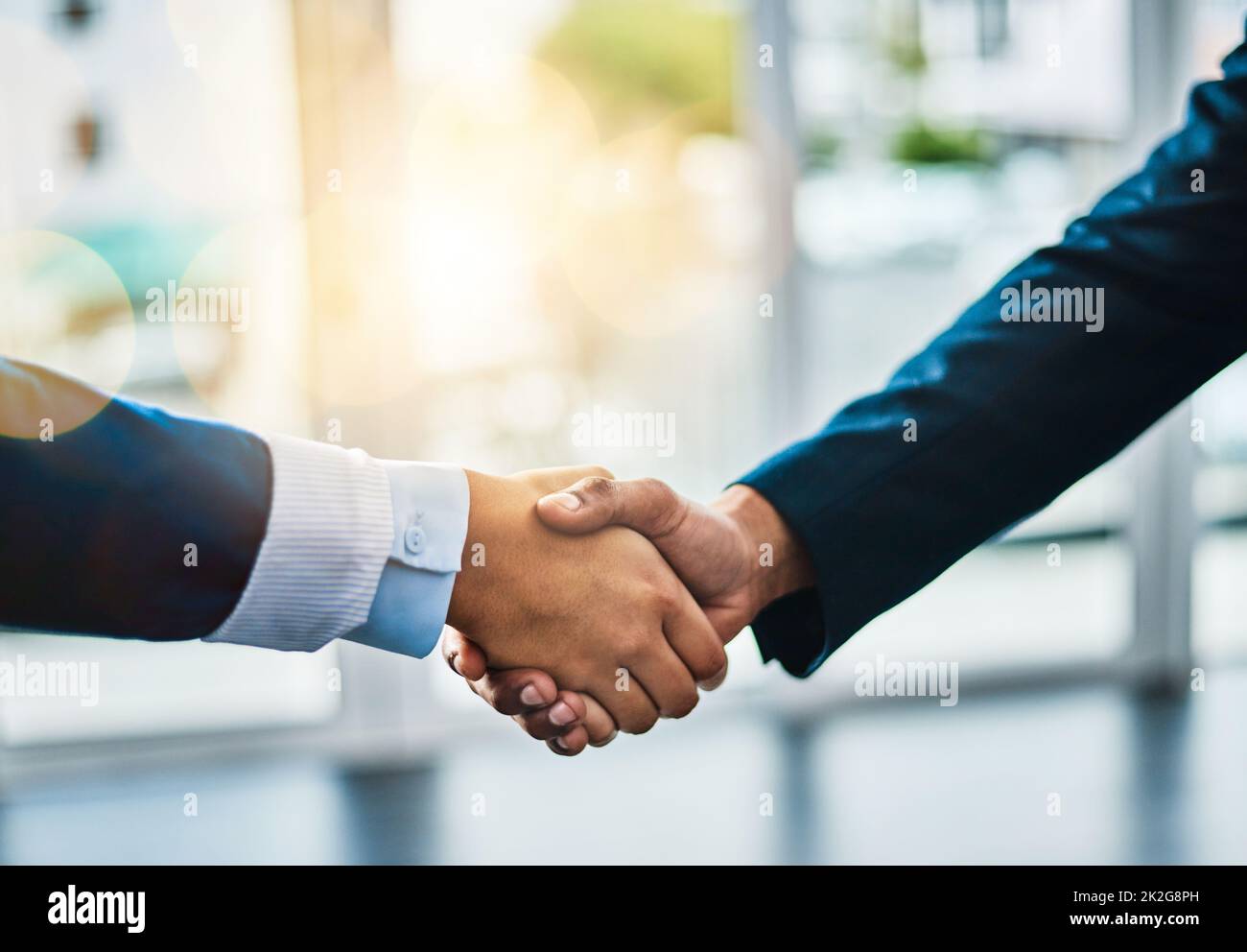 Meeting face to face. Cropped shot of two unrecognizable businesspeople shaking hands while standing in their office. Stock Photo