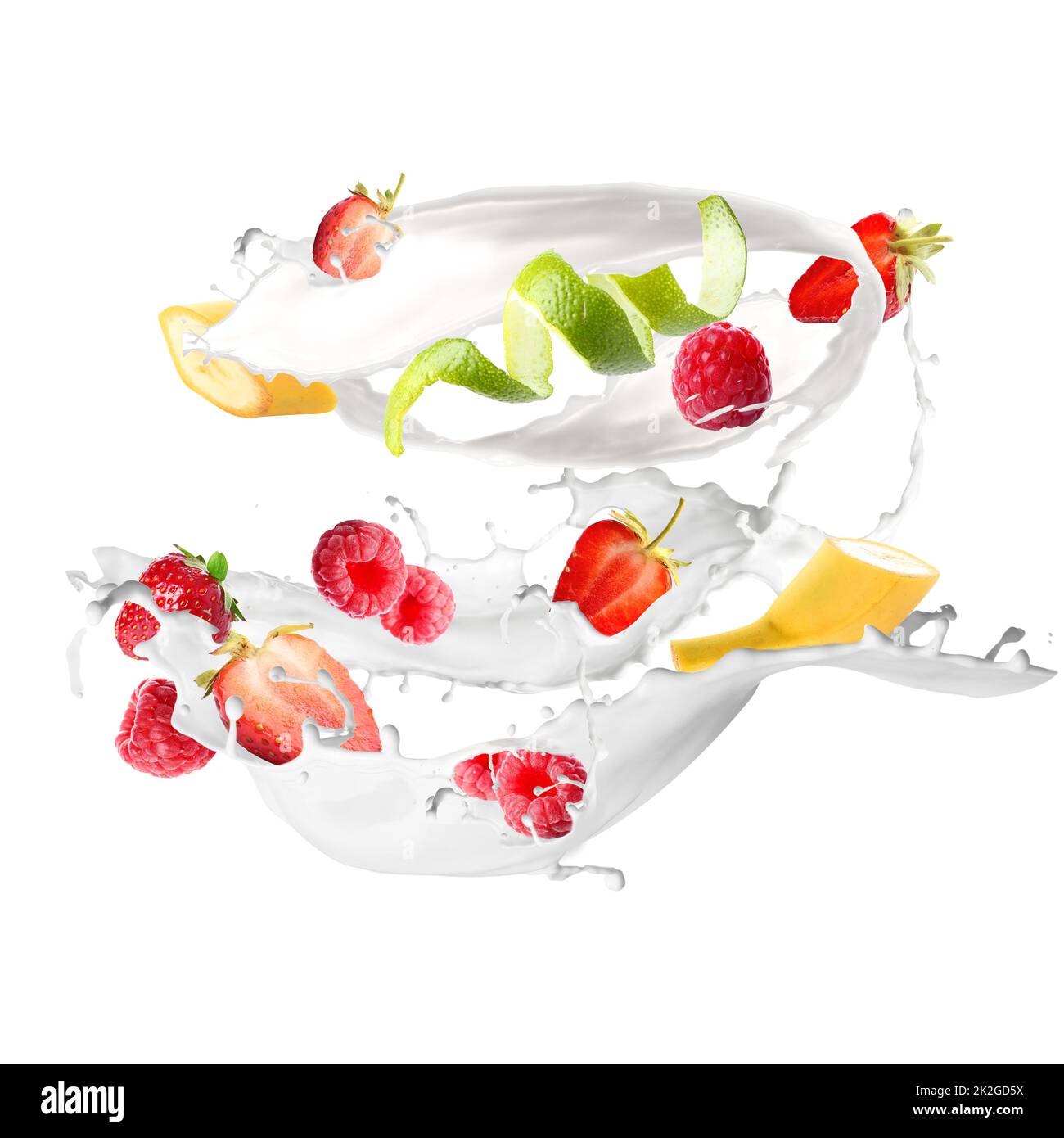 Splashes of milk shake wit flying fresh fruits on white background ...