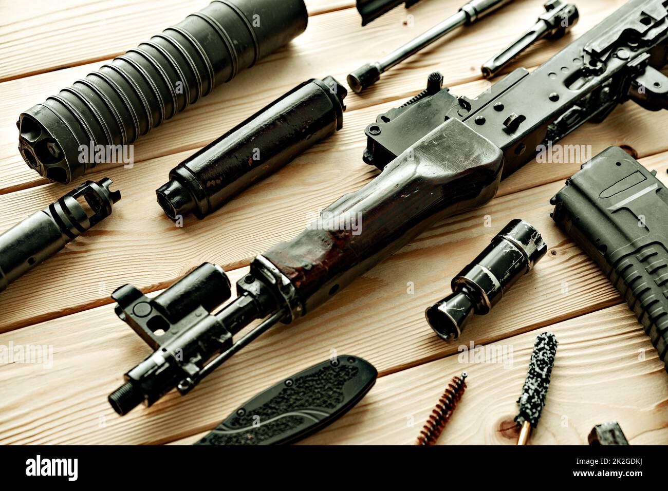 Gunsmith's working table for gun cleaning and maintaining Stock Photo