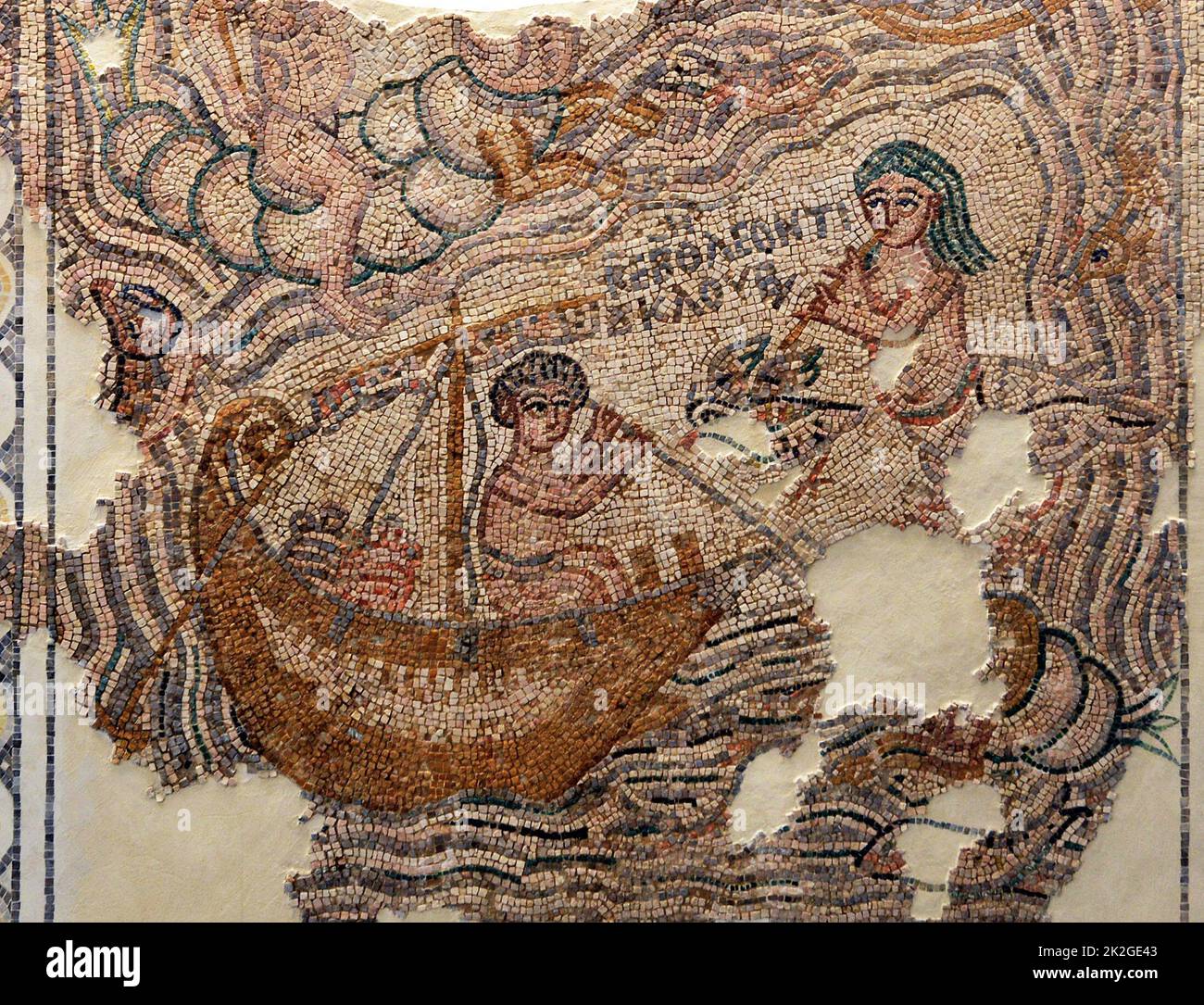 6984. Detail from the Leontis house mosaic floor from Beth Shean dating 6th. C. Detail depicts Odysseus andthe Sirens on the Nile. Stock Photo