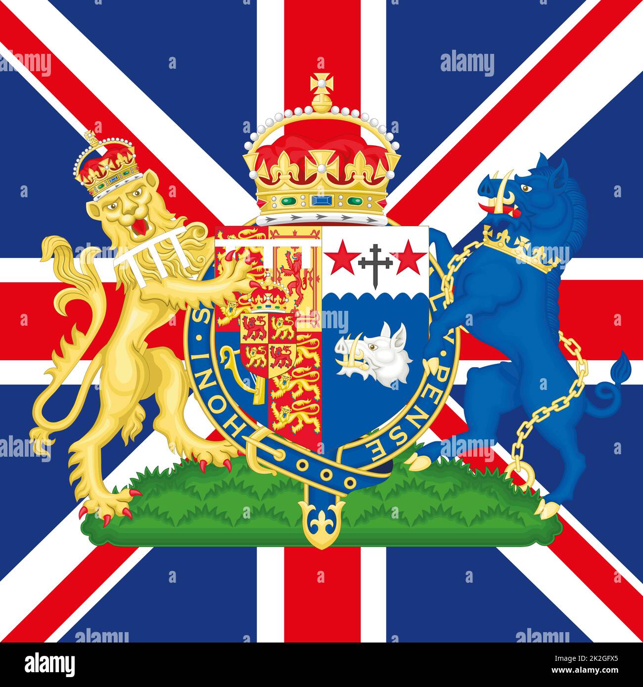 Camilla coat of arms on the United Kingdom flag, Queen Consort of the King Charles Third, 2022 Stock Photo