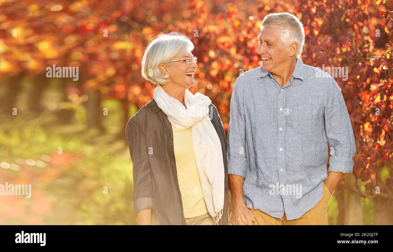 Enjoying a walk in the vineyard. Shot of smiling senior couple walking hand in hand together through a vineyard in the autumn. Stock Photo