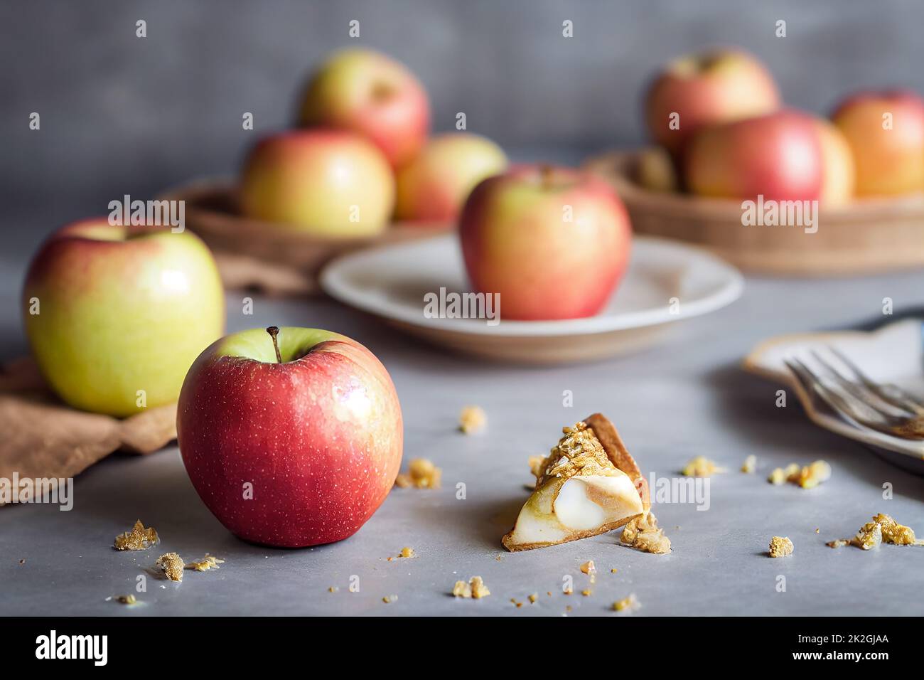 Fresh red apples on the table with apple pie crumbs in the foreground, gray background, food photography and illustration Stock Photo