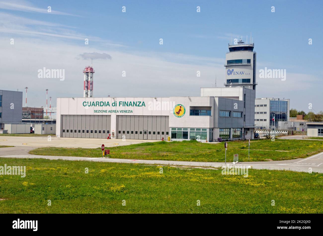 Venice, Italy - April 19, 2022:  Hangars and offices of the Aerial Section of Italy's Guardia di Finanza at Venice's Marco Polo Airport.  The Guardia Stock Photo