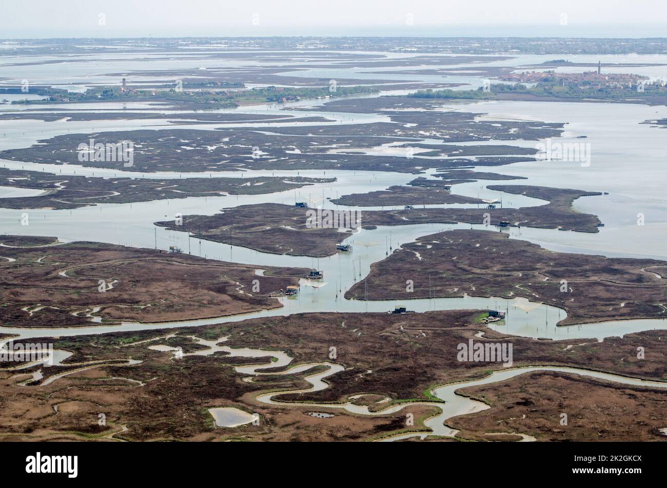 View from the air of the northern Venetian Lagoon with the islands of Torcello, Mazorbo and Burano. Stock Photo