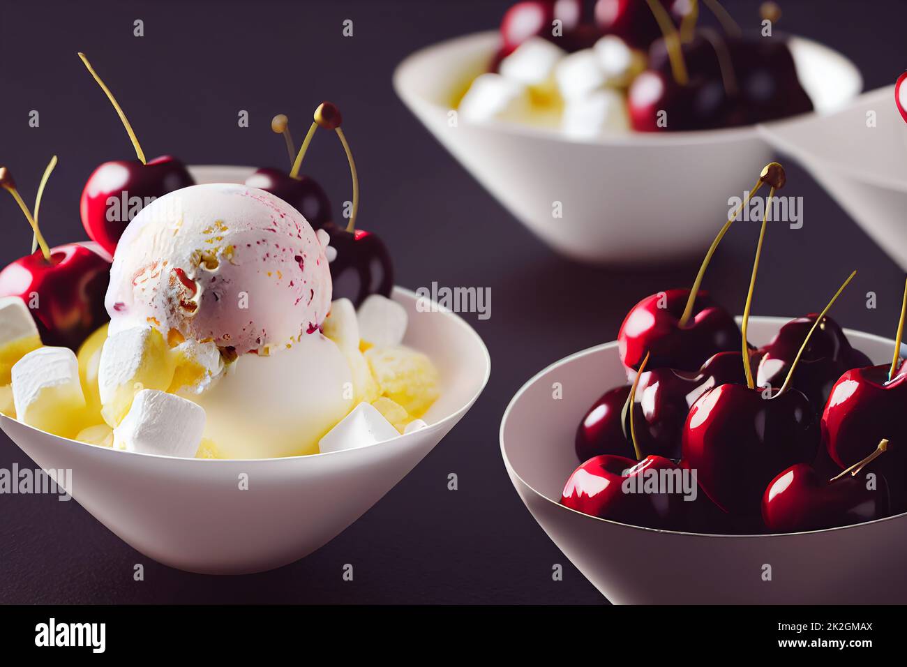 Delicious ice cream sundae with glistening cherries and marshmallows in a bowl, food photography and illustration Stock Photo