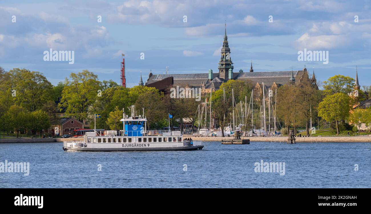 Stockholm, Sweden May 13, 2022 Commuter ferry passing Djurgarden and