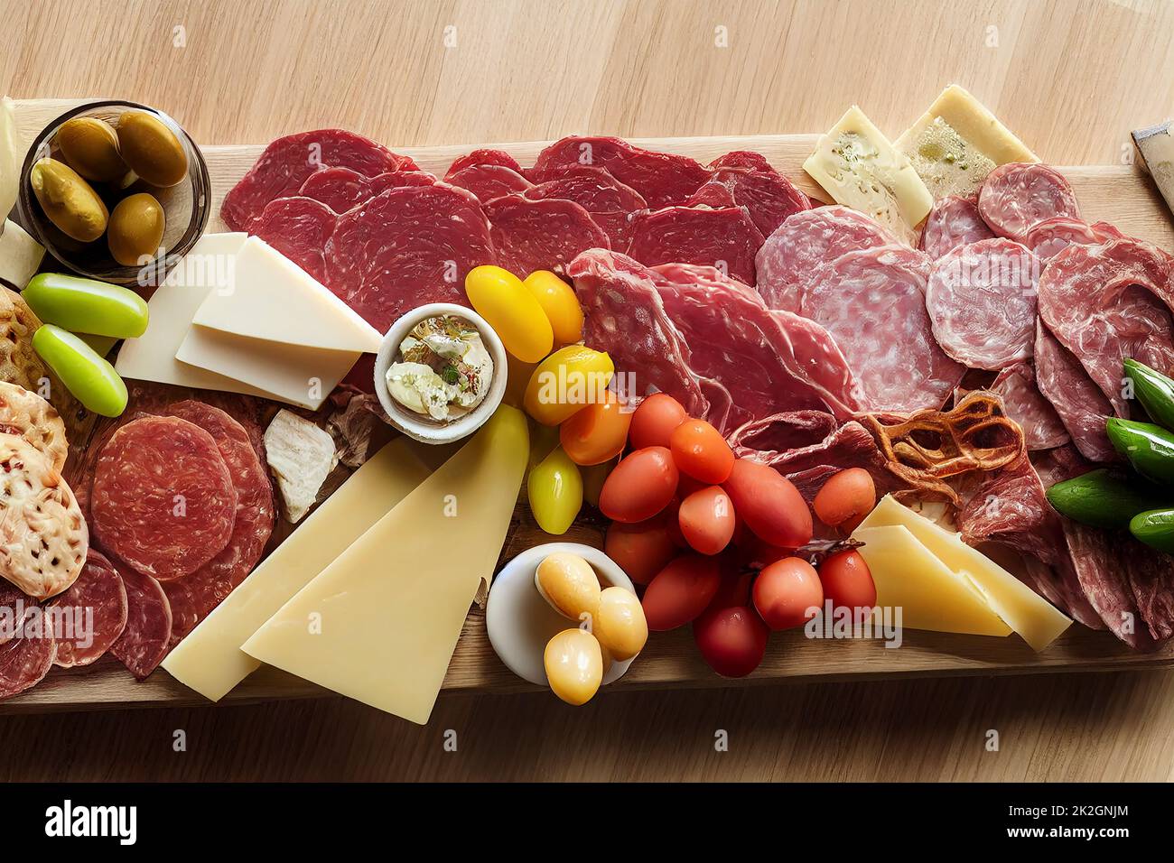 Food charcuterie board with cured meats prosciutto, salami, hard and soft cheeses, crackers and pickled vegetables, food photography and illustration Stock Photo