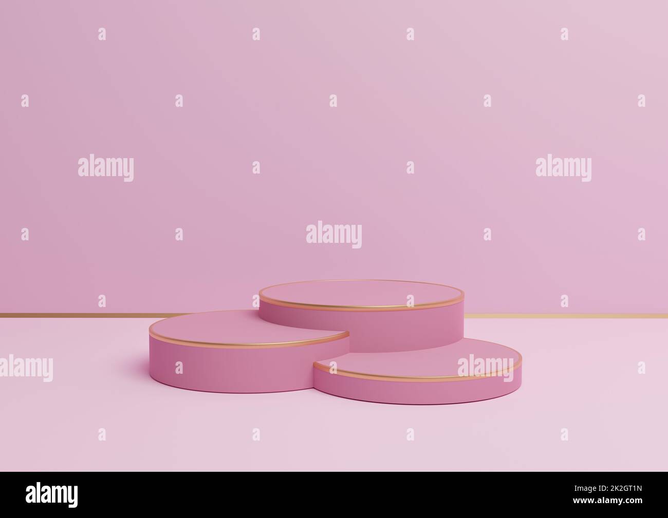 Light, pastel, lavender pink 3D rendering simple product display with three podiums or stand with golden line minimal background composition for luxurious products Stock Photo