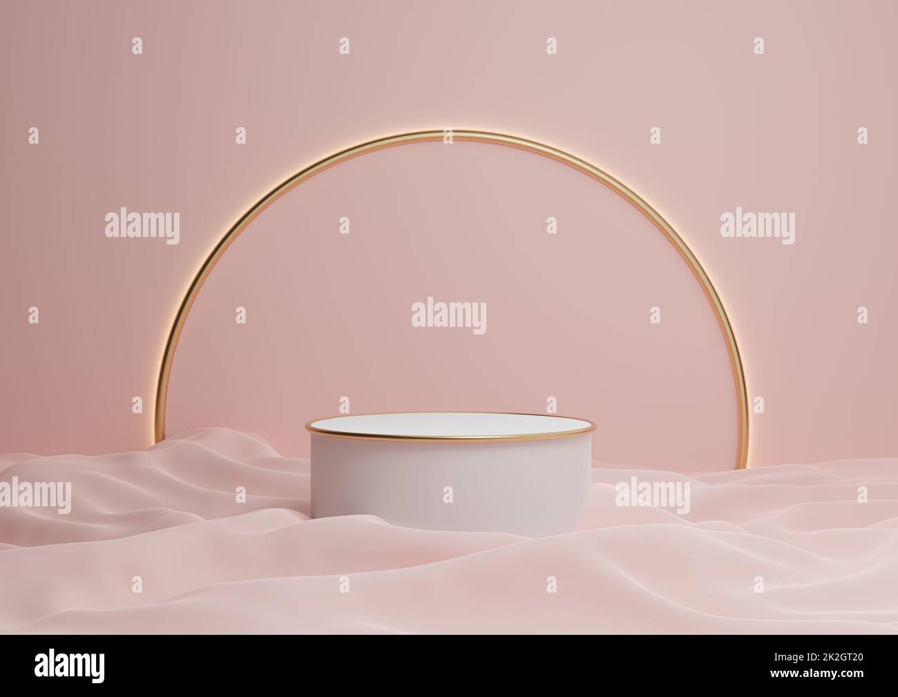 Pastel, light red, salmon pink 3D rendering luxurious product display podium or stand minimal composition with golden arch line in background and light Stock Photo
