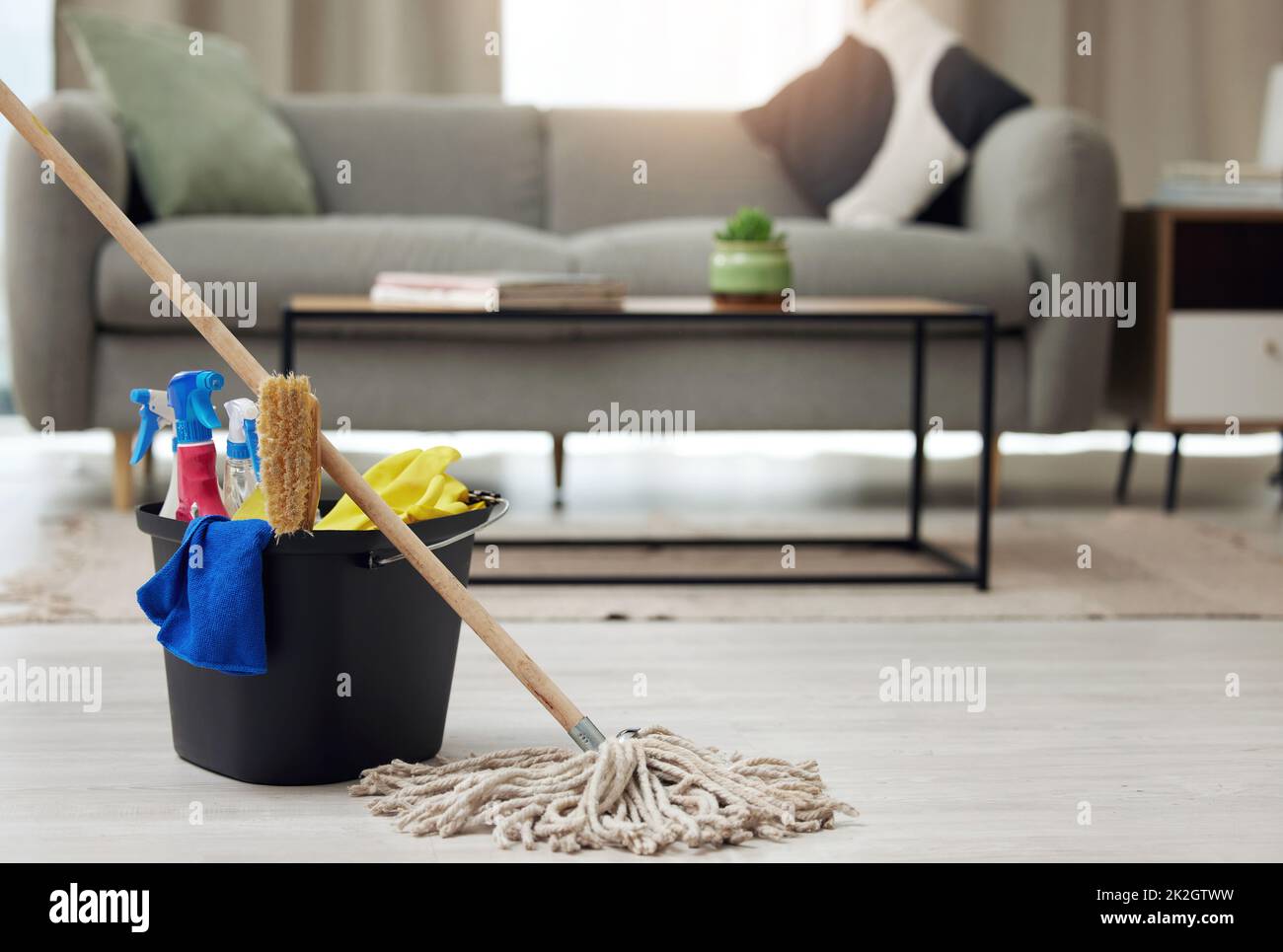 All youll need for deep clean. Shot of a bucket of cleaning supplies. Stock Photo