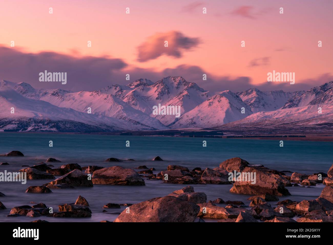 Turquoise waters of Lake Tekapo are seen shortly after sunset. In the