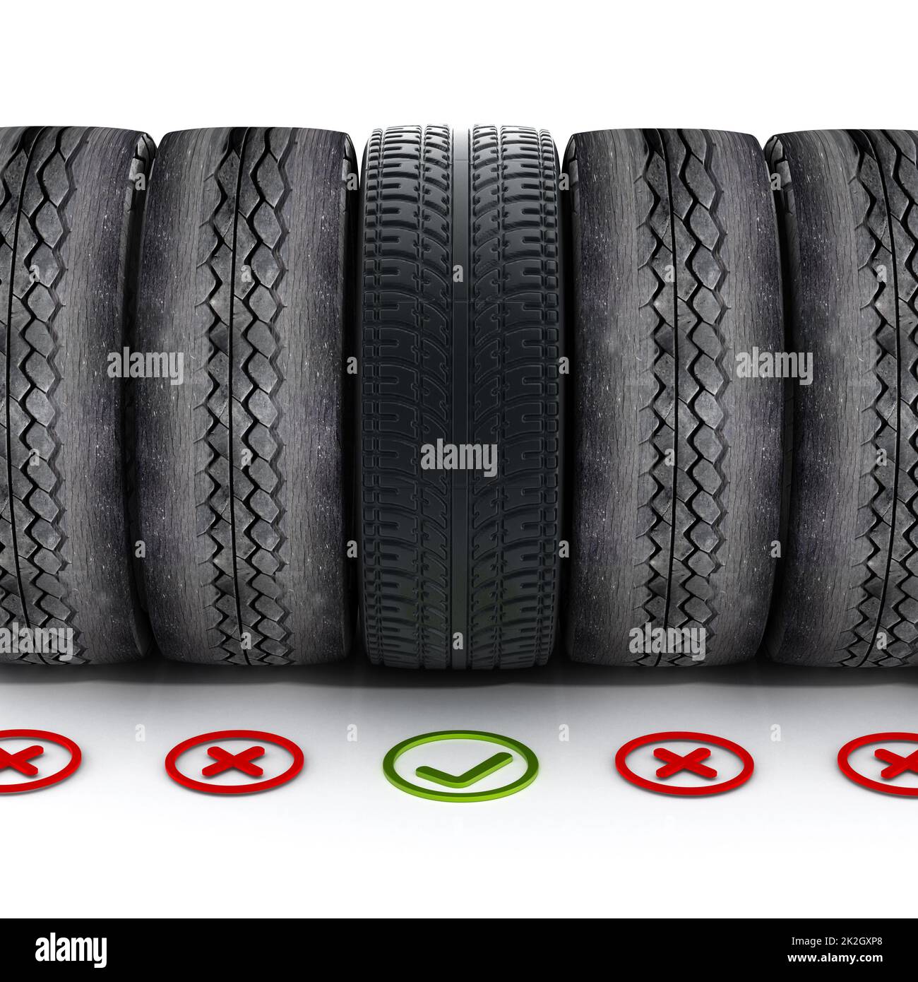 New car tire with green check mark standing out among old tires Stock
