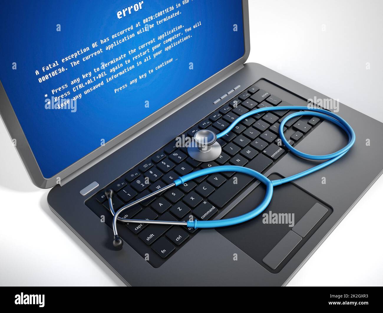 Stethoscope on laptop computer with a blue screen error on the display ...