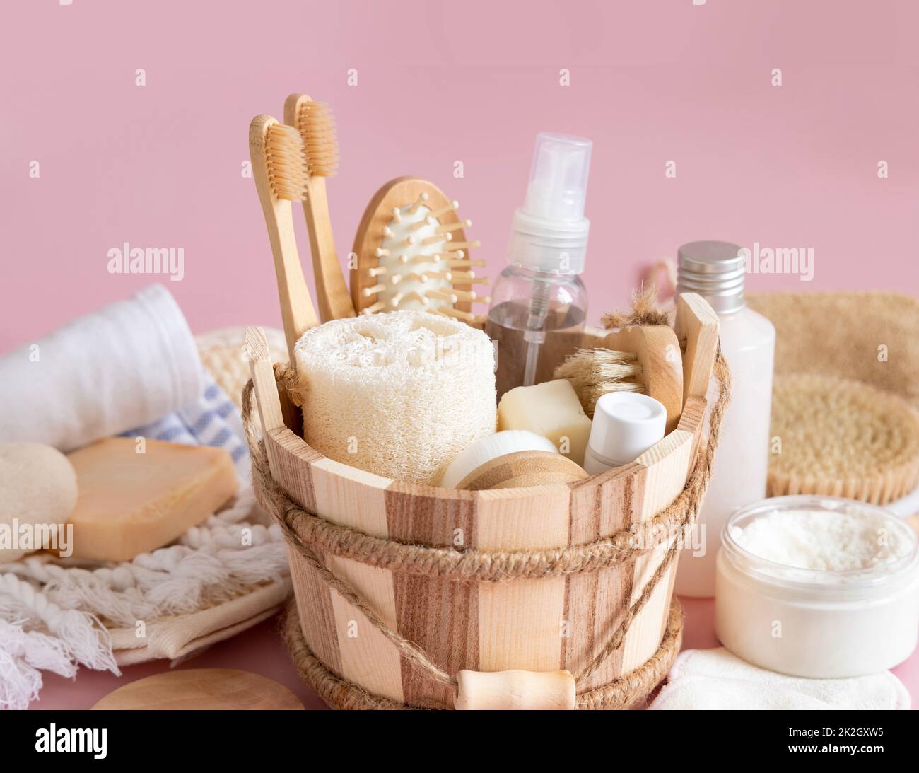 Sauna bucket with organic natural cosmetics and reusable accessories