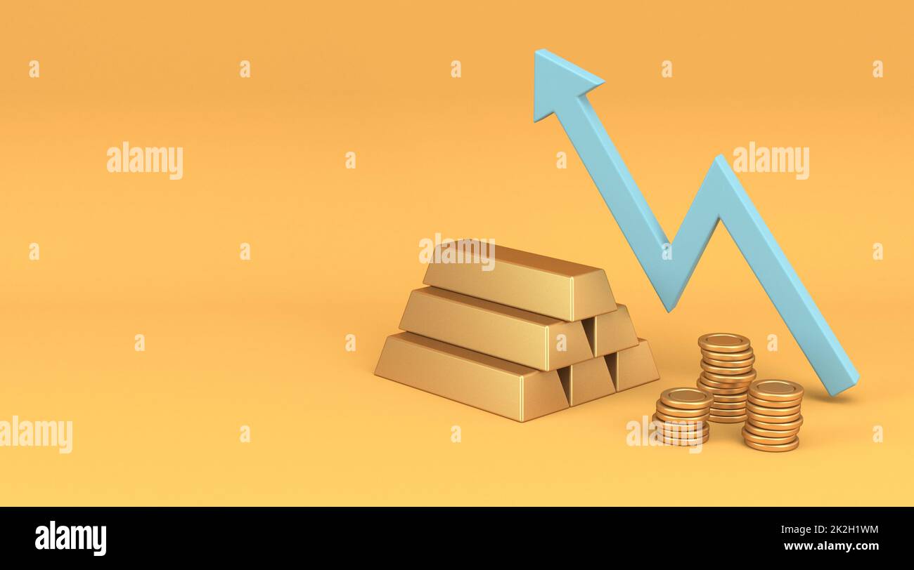 Blue uptrend chart with gold bars and money 3D Stock Photo