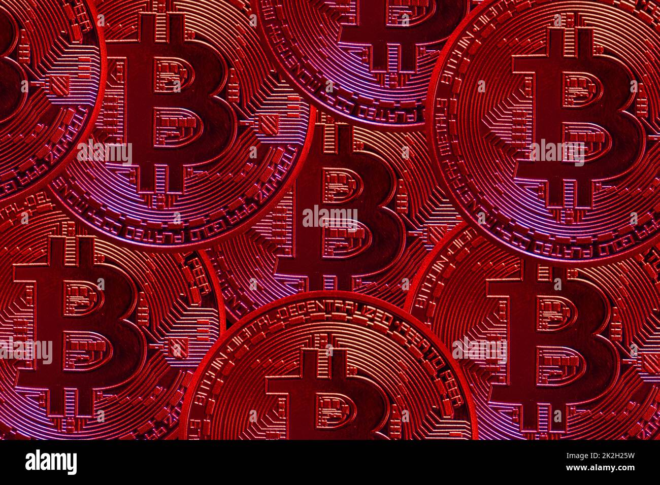 lot of red bitcoin from crypto currency at falling market Stock Photo