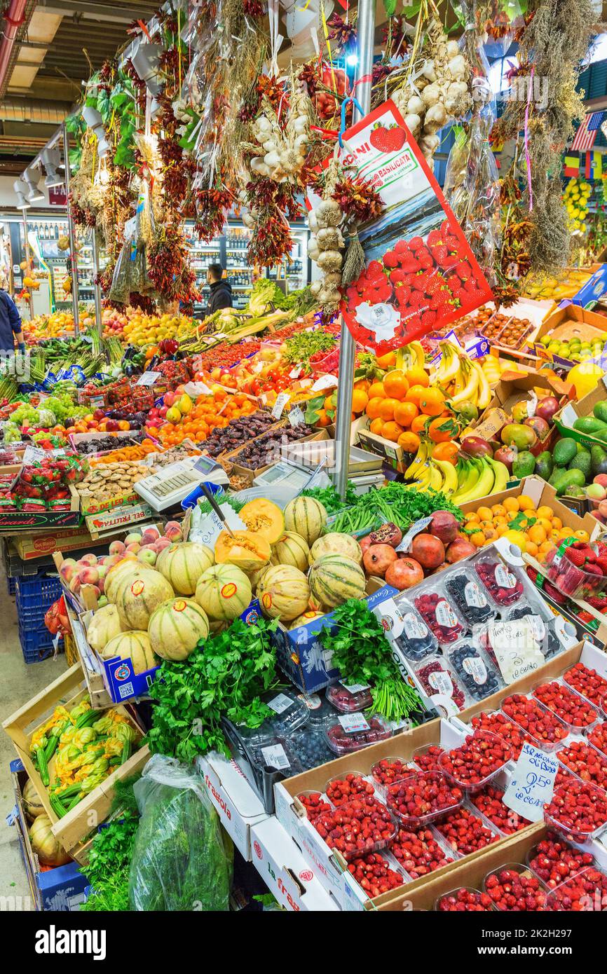 Fruit Market with colorful fruits and vegetables Stock Photo