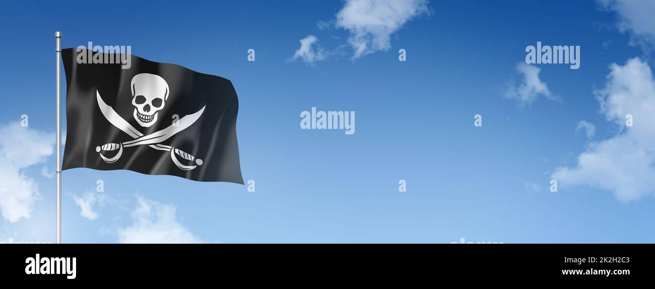 Pirate flag, Jolly Roger isolated on a blue sky. Horizontal banner ...