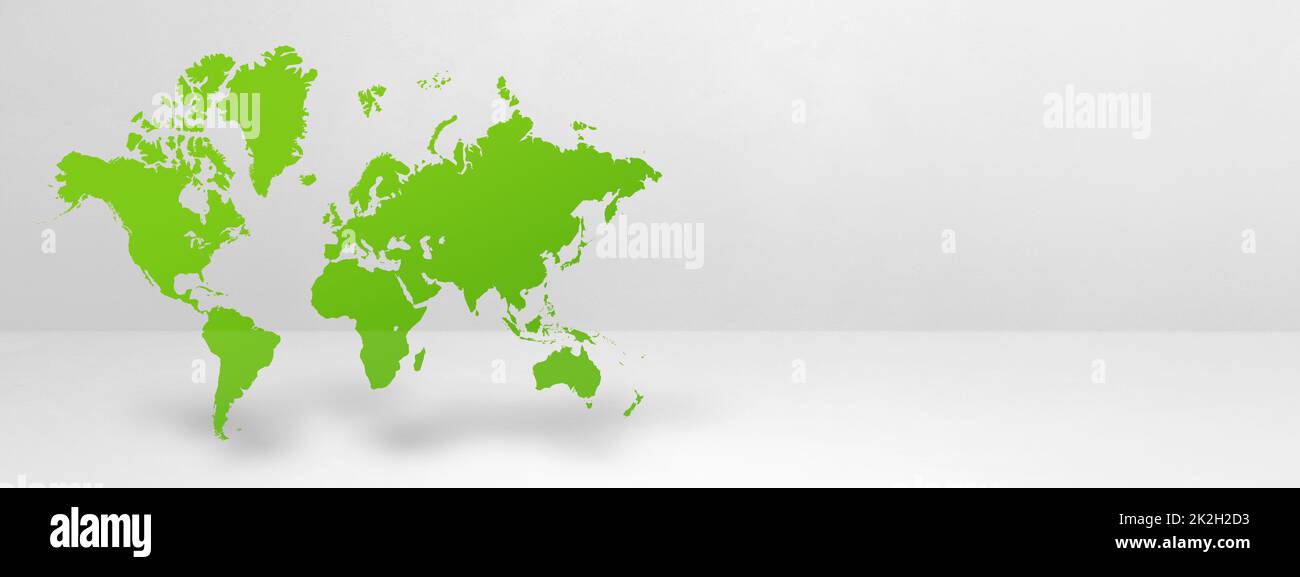 Green world map on white wall background. 3D illustration. Horizontal
