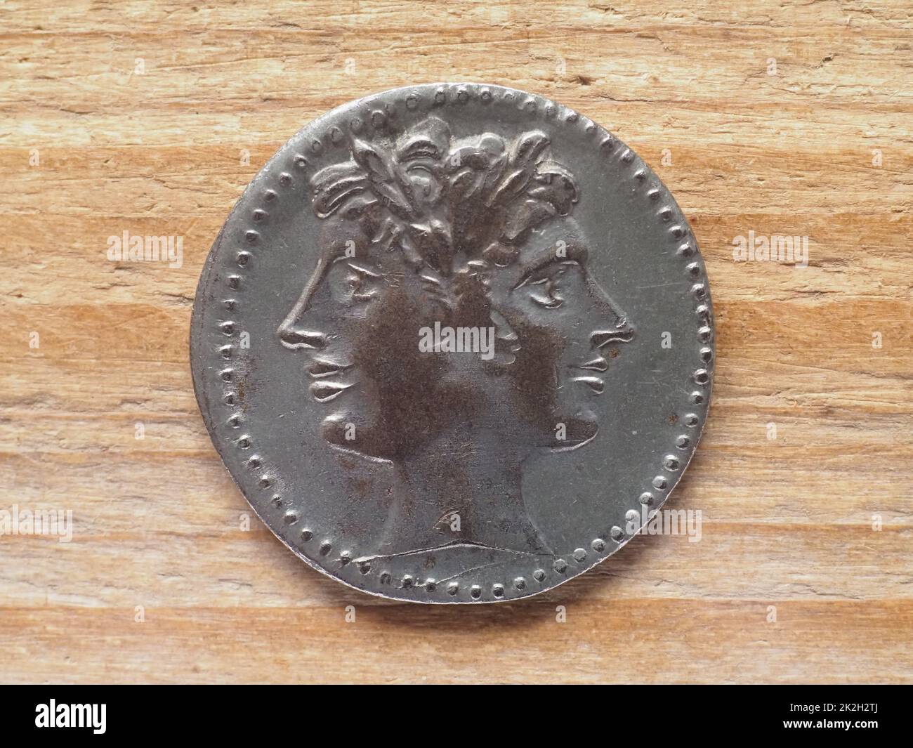 Ancient Roman didrachm coin obverse showing Janus circa 269 bC Stock Photo