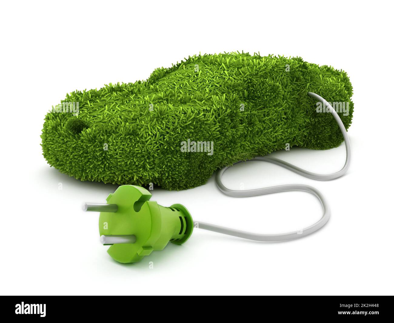 Green car covered with grass texture connected to the electric plug Stock Photo