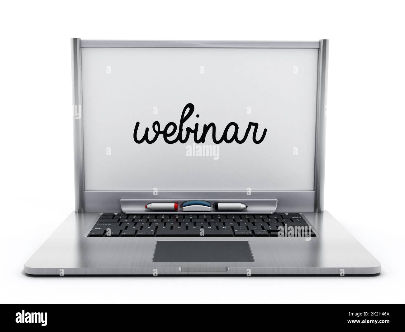 Laptop computer with white board with the word webinar Stock Photo