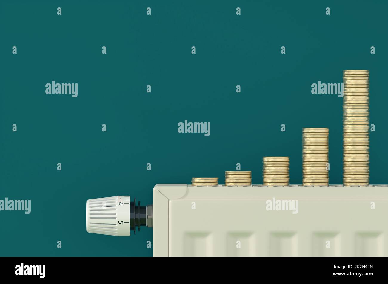 Radiator in a green room with stacked coins, saving energy concept Stock Photo