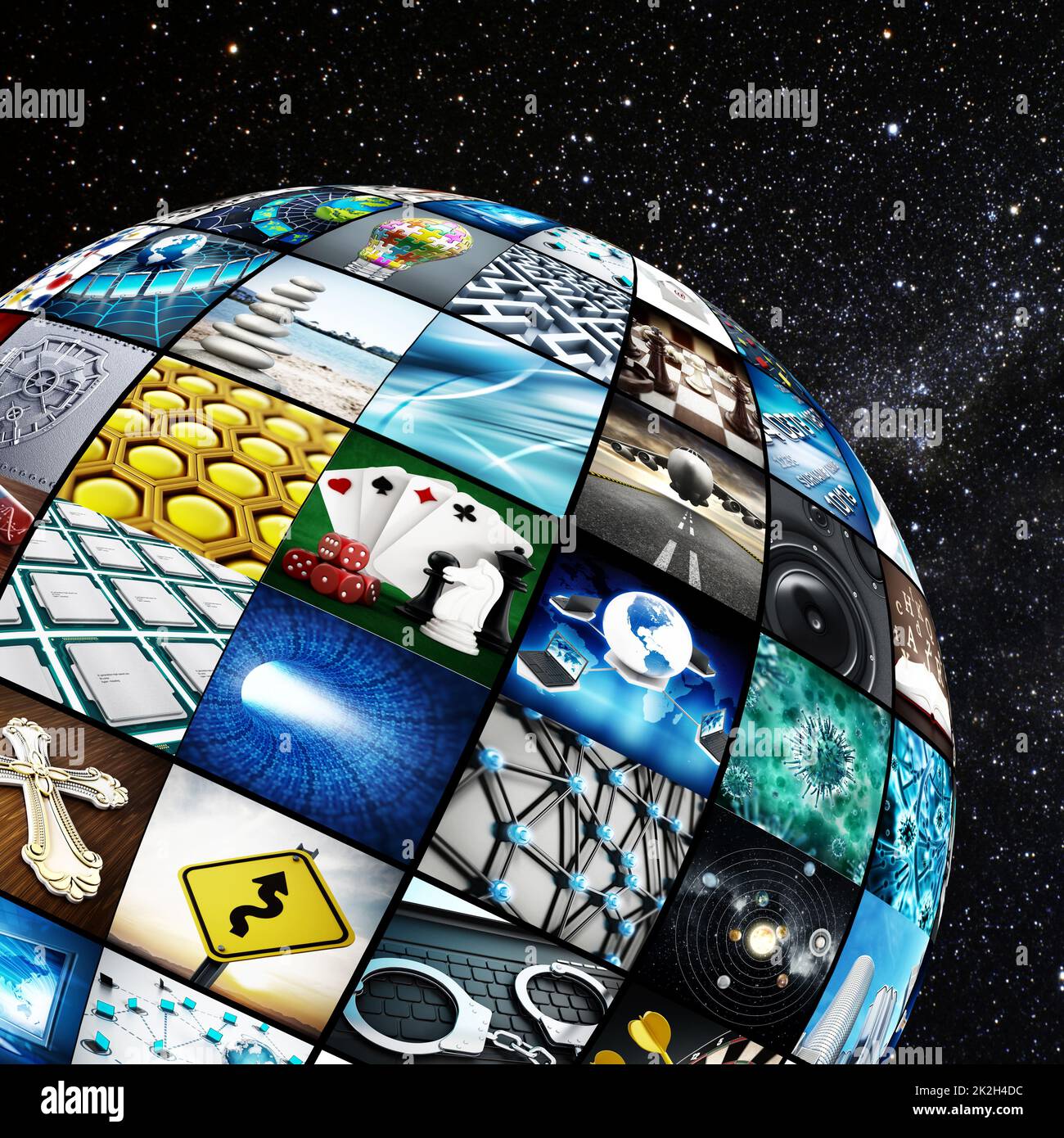 Globe covered with TV screens Stock Photo