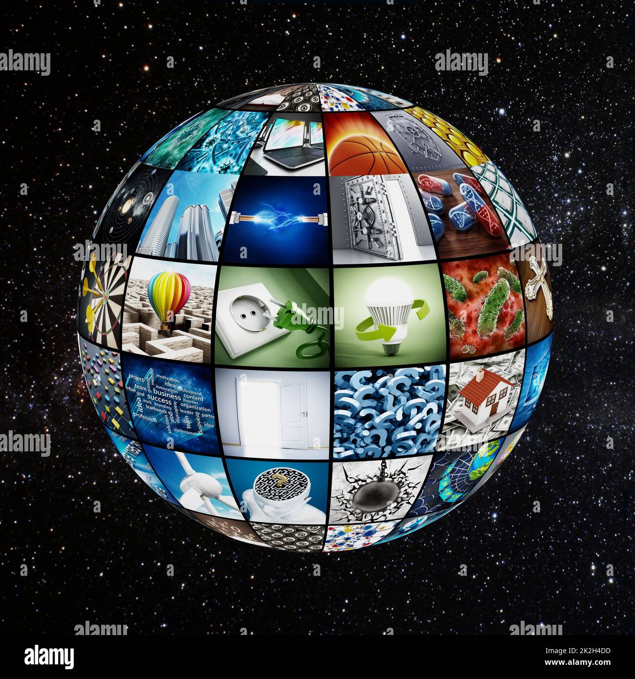 Globe covered with TV screens Stock Photo