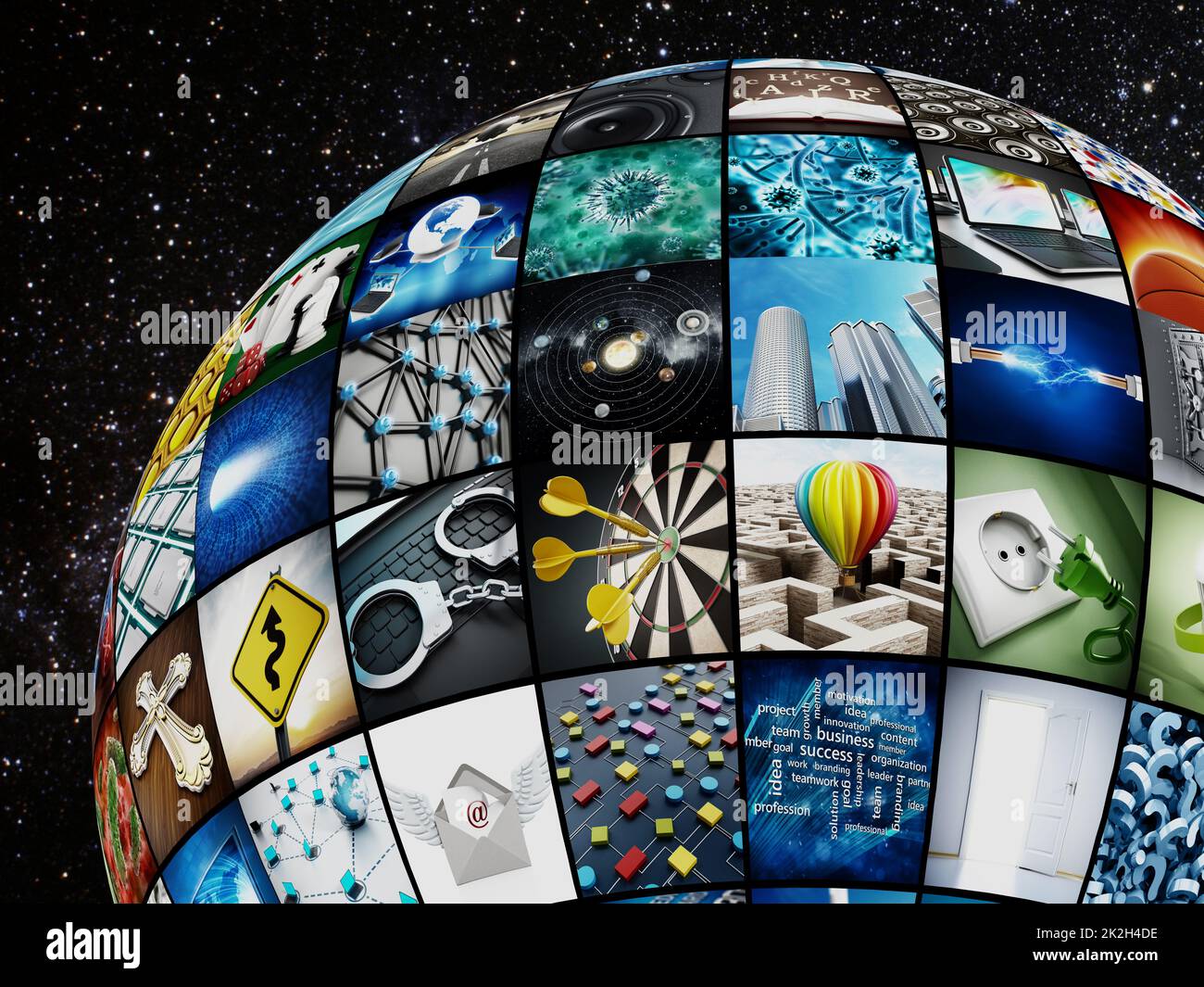 Globe covered with TV screens Stock Photo