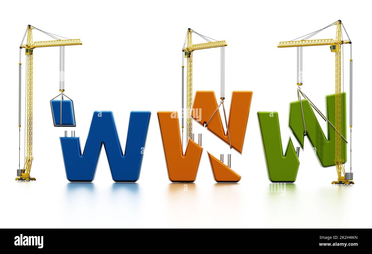 Colored www letters carried by construction cranes forming www word