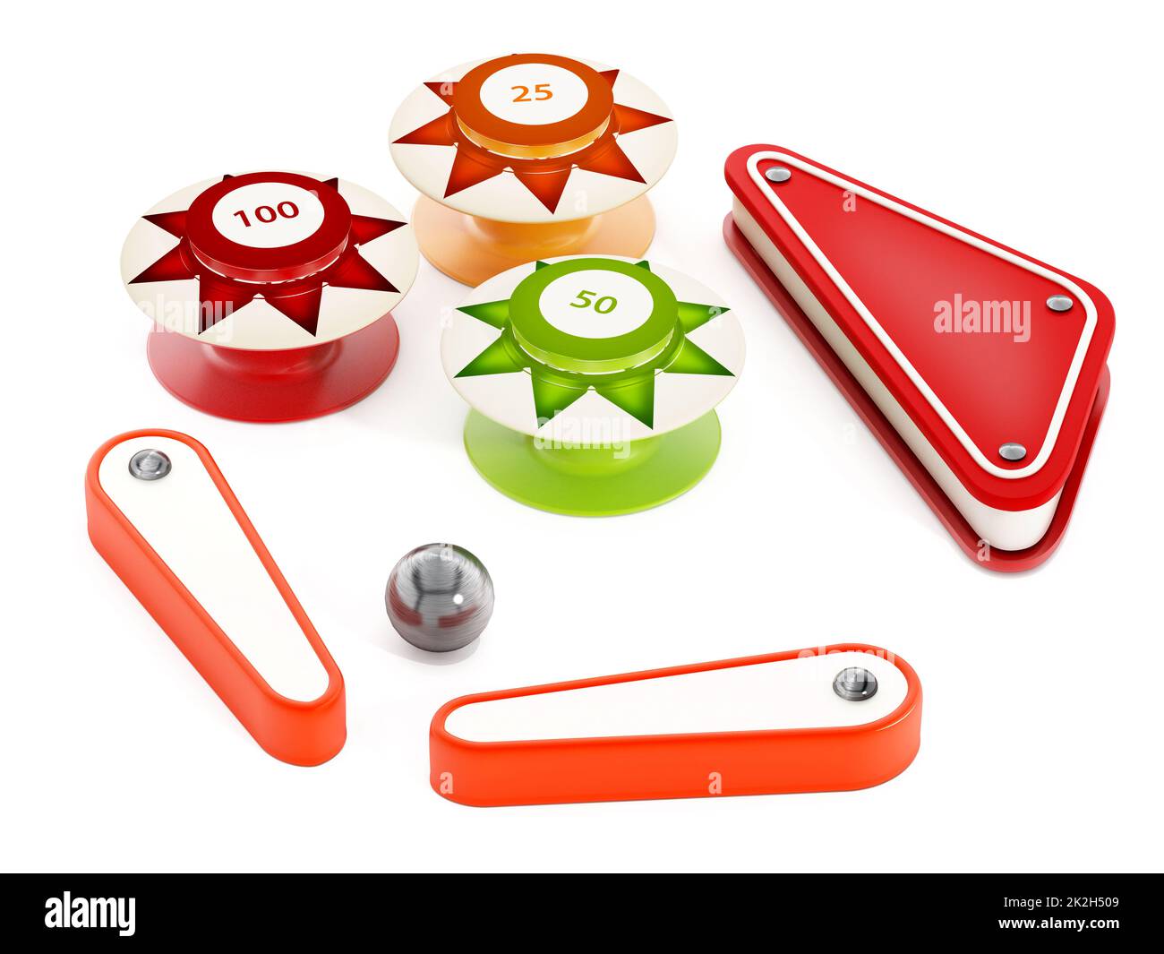 Pinball bumpers, flippers and metal ball on white background. 3D illustration Stock Photo