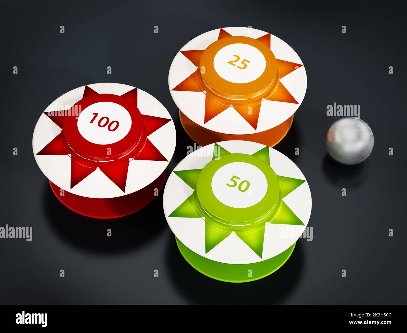 Pinball bumpers and metal ball on black background. 3D illustration Stock Photo